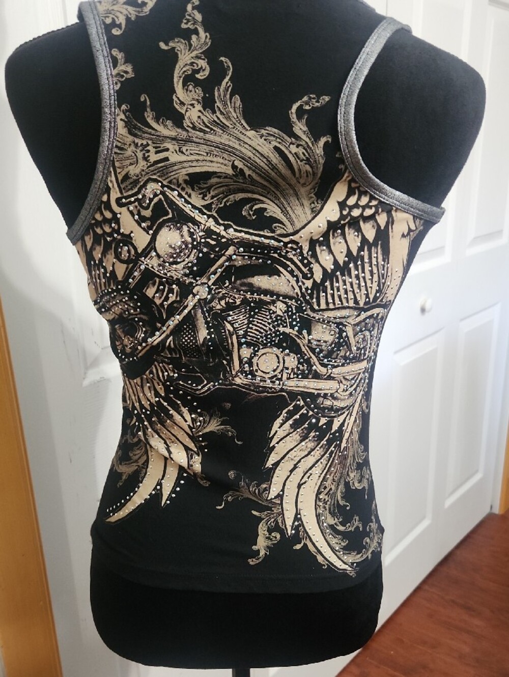 Black Bikercore Tank Top with Gold Motorcycle Graphic and Front Zip - Picture 3 of 5